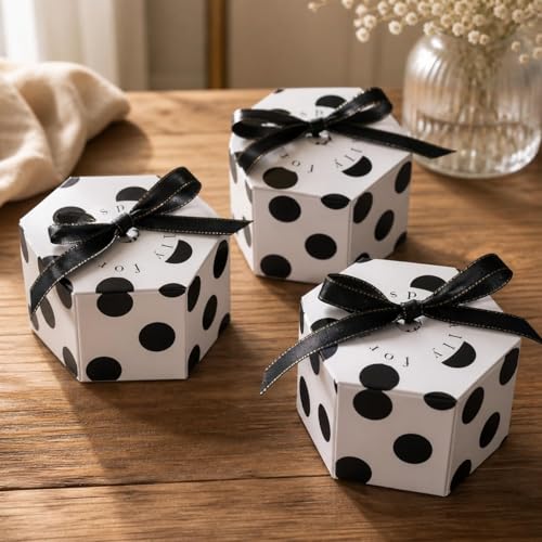 Image of SATYAM KRAFT 50 Pcs Small Hexagon Shape Paper Folding Gift Boxes with Ribbon | Premium Return Gift Boxes for Wedding, Birthday, Engagement, Baby Shower, Chocolate & Dry Fruit Packaging (Black)