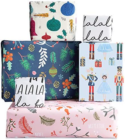 Set of 10 Christmas Gift Wrapping Paper Sheets with 6 Tags - Eco Friendly, Made in UK, 100% Recyclable -Designed for Women Men and Children by The Doodle Factory