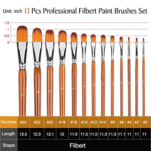 Artdingd Artist Filbert Paint Brushes Set, 13 Pcs Professional Nylon Hair Wood Long Handle #TOP2