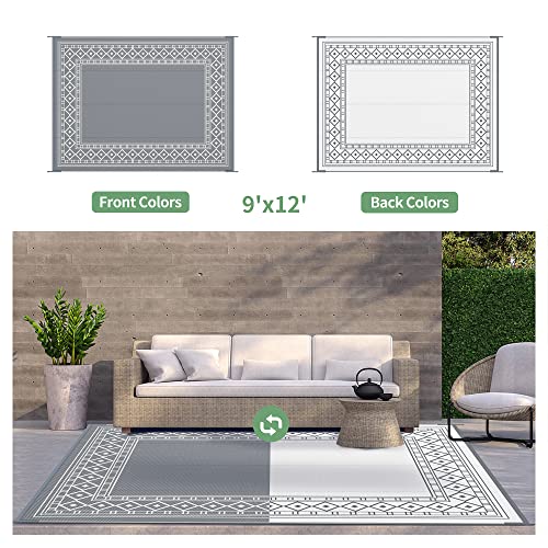 Genimo Outdoor Rug 9' X 12' Waterproof For Patios Clearance, Reversible Outdoor Plastic Straw Area Rug Carpet, Large Camping Rug Mats For Rv, Backyard, Deck, Balcony, Picnic, Grey&White #TOP1