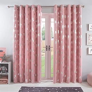 Dreamscene Metallic Unicorn Thermal Blackout Supersoft Curtains Foil Print, Blush Pink - 46" Wide x 72" Drop
