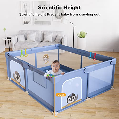 Baby Playpen For Babies And Toddlers, 71 X 59 Inch Extra Large Baby Fence With Unique Little Penguin Character Design, Li'l Pengyu Soft Breathable Mesh Baby Playard For Indoor & Outdoor (Blue) #TOP6