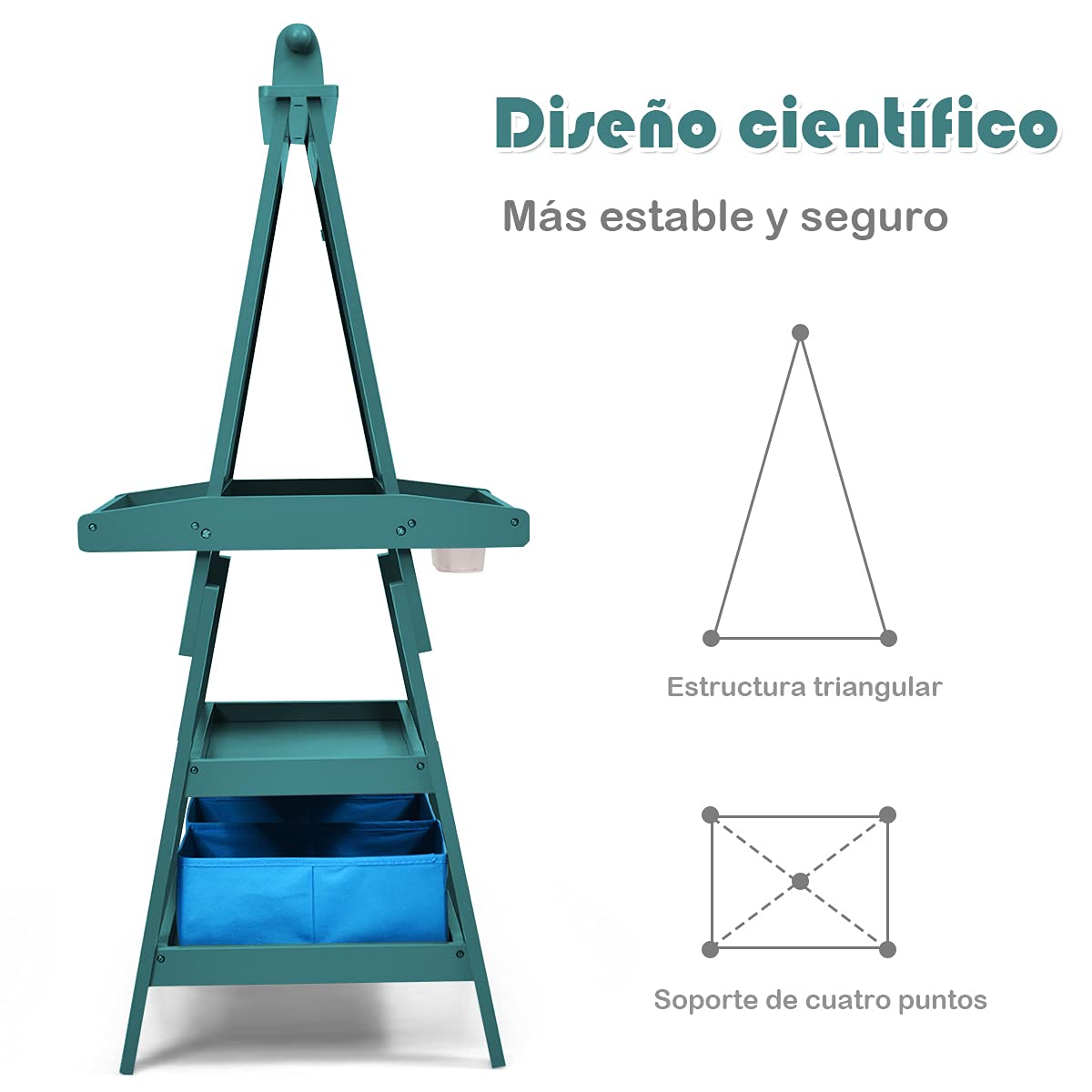 COSTWAY Pizarra de Doble Cara para Niño Caballete de Infantil Tablero de Pie con 2 Cajas de Almacenamiento,Rollo de Papel y Estantes (Azul)
