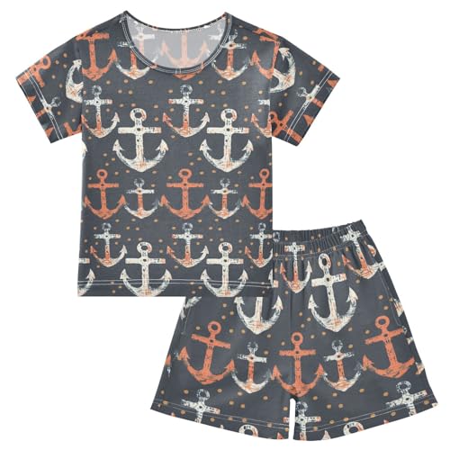 ALAZA Nautical Anchor Dots Pajama Set Short Sleeve Sleepwear Soft Lounge Nightwear