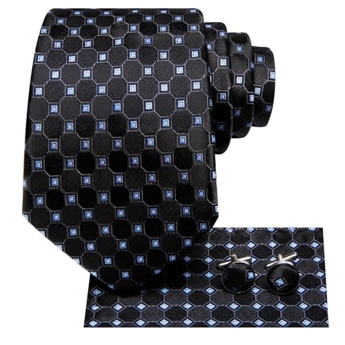 Image of Dubulle Mens Paisley Floral Silk Tie for Men Black Blue Striped Necktie and Pocket Square Cufflinks Set Wedding Business