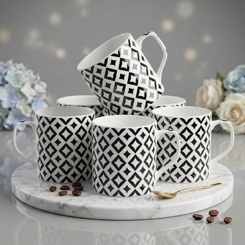 Image of U.P.C. Minimal Black White Diamond Bone China Mug Set of 6, Modern Tea Coffee Cups for Home, Cafe & Office
