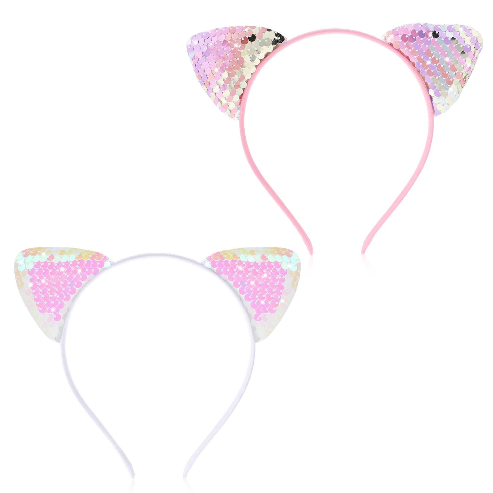 Qianyu 2 Pack Reversible Sequin Cat Ears Headband Glitter Cat Hairbands Shiny Cute Kitty Headband Hair Metal Hoop Hair Accessories for Women Girls