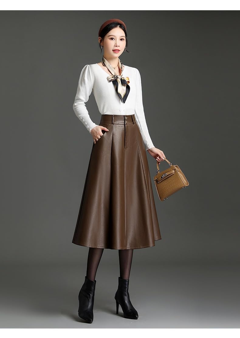 Genérico Falda Midi De Cuero para Mujer, Corte A, De Piel Sintética, con Bolsillos Y Cremallera Frontal, Ideal para Uso Diario, para Oficina, Fiestas, Otoño, Invierno Y Primavera.