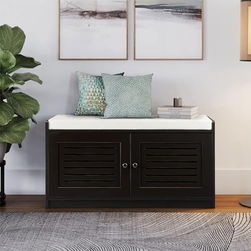 SturdisModern Shoe Storage Cushioned Seat Bench with Adjustable Shelves, Espresso
