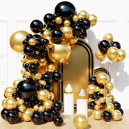 Myafqsj Black and Gold Balloon Arch Kit 129Pcs Gold Latex Balloons 4 Size Black Gold Conetti Balloon for Birthday Graduation Anniversary Wedding New Years Decorations