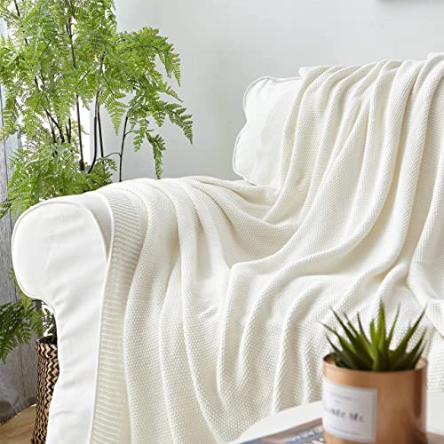Ivory White Cotton Cable Knit Throw Blanket For Couch Sofa Chair Bed Home Decorative, 60 X 80 Inch Woven Throw Blankets With A Washing Bag Silk Bow Tie Package #TOP2