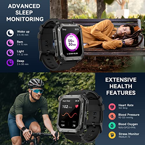 Military Smart Watch For Men With Bluetooth Call, 5Atm Waterproof Outdoor Fitness Tracker, 1.83" Rugged Tactical Watch With Heart Rate Blood Pressure Sleep Monitor For Android Iphone, Black #TOP3