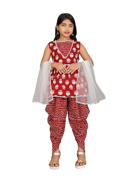 Image of Suhana Fashion Girls Dress Girls Cotton Kurti Top with Dhoti Kurta Set & Dupatta