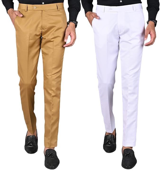 Men's Slim Fit Formal Trousers, Khaki & White, Pack of 2-picture-33