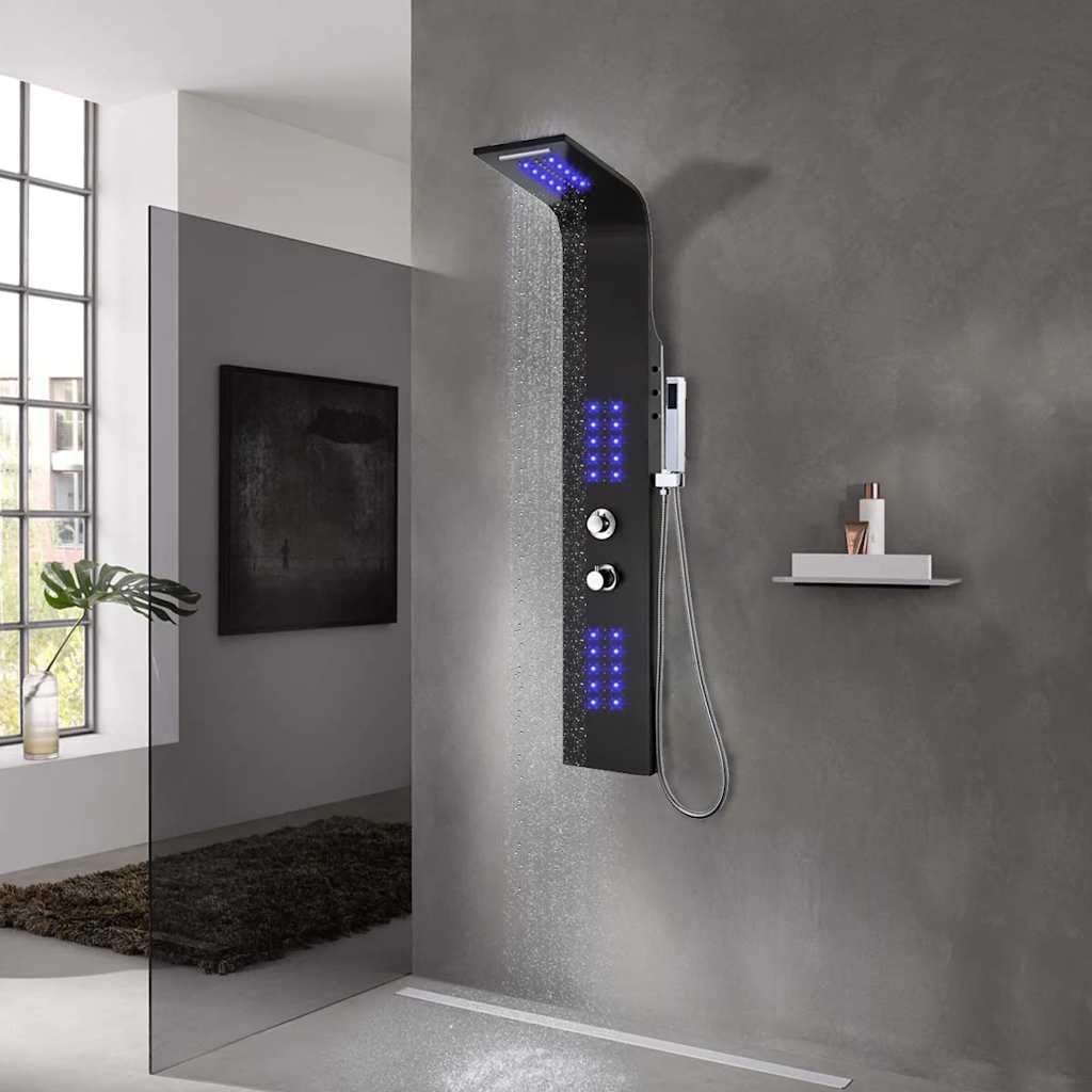 Duschpaneel Aluminium Schwarz 20x44x130 cm mit Handbrause und Massagefunktion, 30 LED Beleuchtung, Regendusche, Wasserfall, Ersatzdüse, Anschluss, Sanitär Zubehör für Badewanne und Dusche