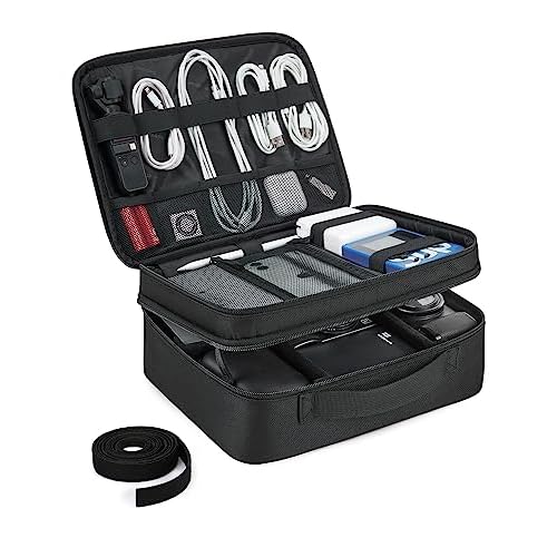 BAGSMART Cable Organizer Bag, Travel Electronics Organizer with Adjustable Divider, Tech Bag Carrying Case, Storage Bag Sturdy Tool Case with Handle for Cellphone Cord Electronics Accessories, Black
