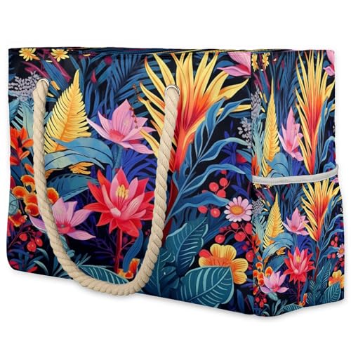 Colorful Floral Large Beach Bags for Women with Zipper Beach Tote Bag Waterproof Sandproof Gym Swim Pool Grocery Travel Bag