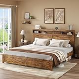 Farmhouse King Size Bed Frame with Headboard Storage Shelf, Wood Platform Bed Frame with LED Lights & Charging Station, Rustic Brown Metal Bed, No Box Spring Needed, Noise-Free Sturdy Structure