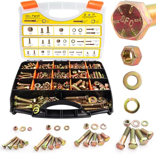 Fgruh 800PCS SAE Bolts and Nuts Assortment Kit,1/4-20, 5/16-18, 3/8-16, 1/2-13 Grade 8 Heavy Duty Hex Bolts Nuts and Washers Assorted kit,Yellow Zinc Plated
