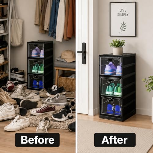 Image of Sulfar 3 Tier Shoe Rack Collapsible Shoe Organiser with Door - Foldable Sneaker Crates Footwear Organiser for Men, Women, Heels, Boots, Loafers, Sneakers, Slippers (Black)