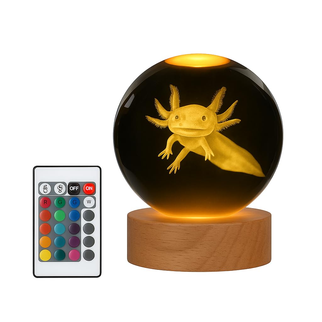 ZuzongBaoYou Axolotl Night Light, 3.15" 3D K9 Crystal Ball Lamp with Remote & 16 Colours, Cute Axolotl Figurine Night Lamp with Gift Box, Bedroom Decor Lights for Kids, Boys, Girls, Birthday