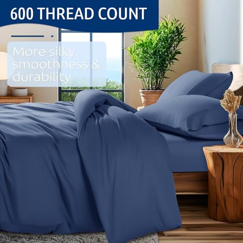 Shilucheng 100% Cotton Queen Size Duvet Covers - 600 Thread Count, Luxury Sateen Weave Egyptian Cotton Comforter Cover with Zipper Closure & Corner Ties,Hotel Bedding Duvet Covers 3 Piece (Navy Blue)