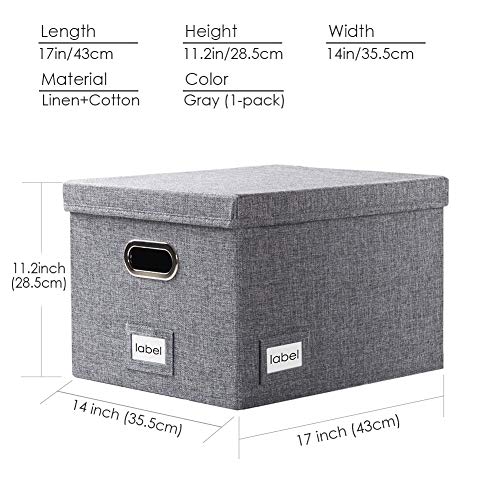 Prandom File Organizer Box - Set Of 1 Collapsible Decorative Linen Filing Storage Hanging File Folders With Lids Office Cabinet Letter/Legal Size Grey (17X14X11.2 Inch) #TOP6