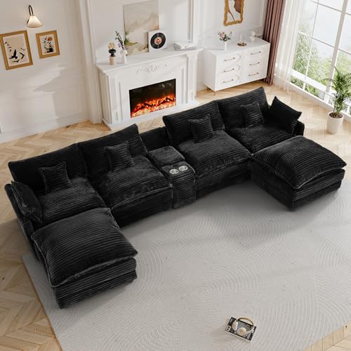 Image of 145 inch Oversized U Shaped Modular Sectional Sofa with Ottoman, Comfy Fluffy Soft Corduroy, Large Cloud Couch with USB Port, Cup Holder and Storage Central Console for Living Room, Black