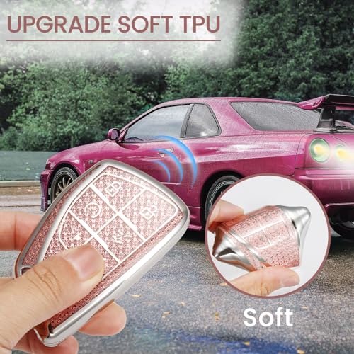 Image of Car Key Fob Cover for Buick, Rhinestone Wristlet Case, Pink | Wear-resistant TPU shell, non-stretch rhinestone wristlet, daily splash, scratch and drop protection, normal signal use