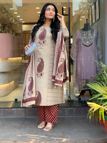 Image of GoSriKi Kurta Sets for Women Cotton Blend Printed | Kurti Set for Woman | Kurta Pant Dupatta Set | A Line Kurti | Round Neck V-Slit 3 /4 Sleeve Suit Set for Women Stylish Ethnic Outfit