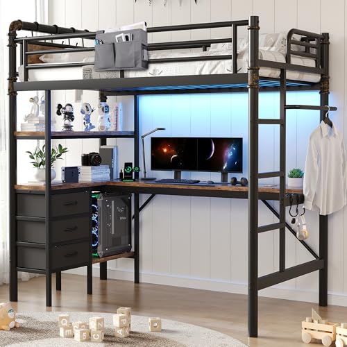 Industrial Twin Loft Bed with L-Shaped Desk