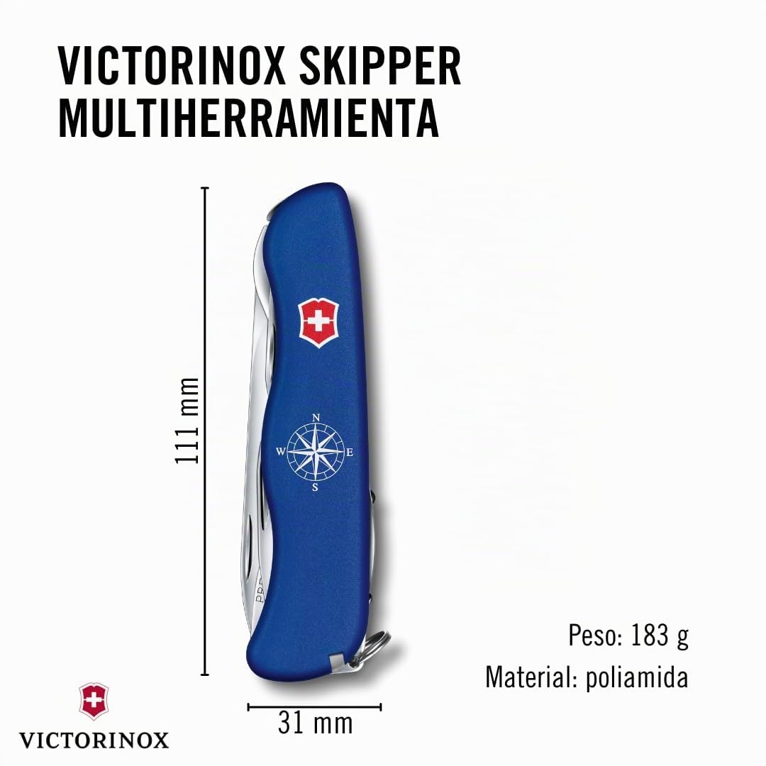 Victorinox Navaja suiza de bolsillo Skipper, navaja para navegar, 5 funciones, Swiss Made, multiherramienta con hoja dentada grande, hoja bloqueable, azul