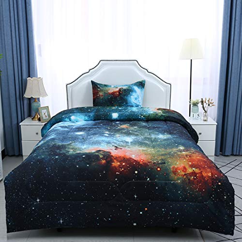 Uxcell Twin Comforter Sets 2-Piece Galaxies Blue - 3D Space Themed - All-Season Down Alternative Quilted Duvet - Reversible Design - Includes 1 Comforter, 1 Pillow Case #TOP1