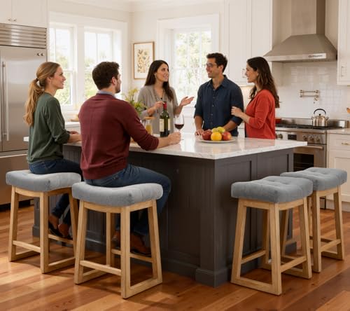 Image of Counter Height Bar Stools Set of 6, 24 Inch Backless Upholstered Bar Stools with Wood Legs, Modern Farmhouse Saddle Stools for Kitchen Island, Home Bar, Grey Fabric