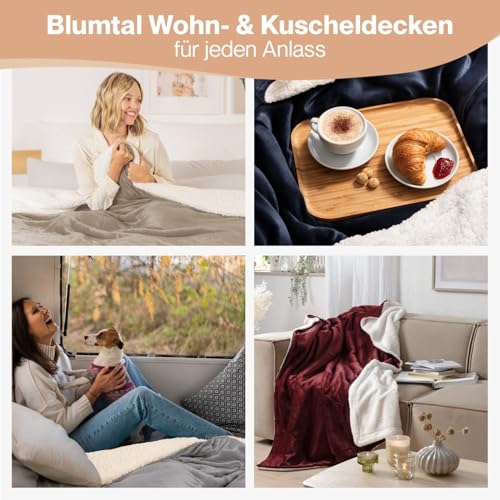 Blumtal Premium Sherpa Kuscheldecke flauschig 130x150 cm - Oeko-Tex zert. Sofa Decke mit Dicker Sherpa-Innenseite - super Flauschige Decke… – Ansicht 5