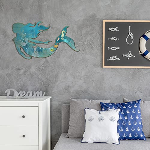 Metal Mermaid Wall Art Rustic Hanging Mermaid Wall Decor Blue Metal Mermaid Decorations Stainless Steel Mermaid Sculpture For Room Wall Patio Swimming Pool Bathroom, 15 X 8.5 Inches (Classic Style) #TOP5