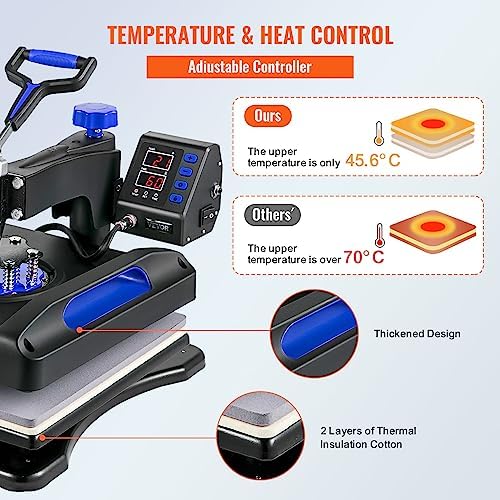 VEVOR Heat Press, Upgrade 5 in 1 Heat Press Machine for T-Shirt Hat Cap Mug Plate Sublimation, 15x15 inch Anti-Scald Fast Swing Away Digital Control Multifunction, Blue