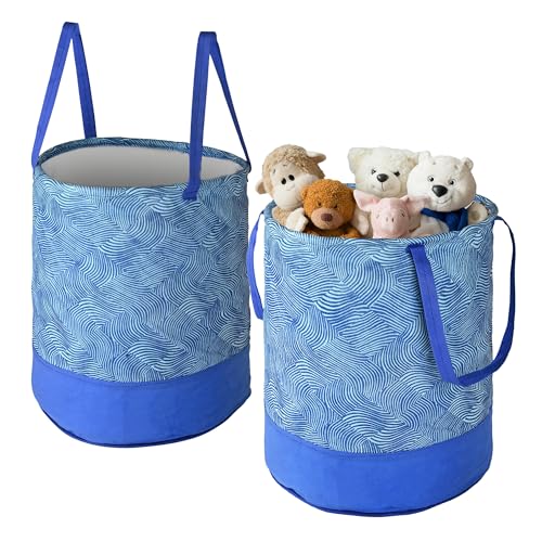 Image of Urbane Home Pack of 2 Foldable 45L Toys Organizer for Kids Room - Soft Toys Storage Bag /Basket /Container with Handles | Wavy Pattern -Blue