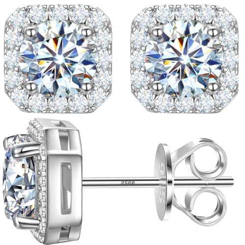 Moissanite Halo Earrings Square 18k Gold Plated 0.56-2.4CT 6-10mm D Color VVS1 Clarity Moissanite Stud Earrings For Women Men Square Stud Earrings 925 Sterling Silver Hypoallergenic Earrings