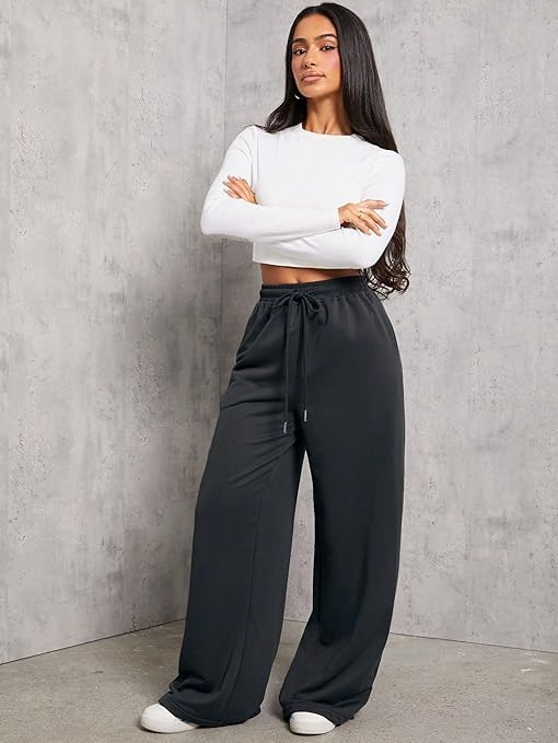 Image of Women's Wide Leg Sweatpants - High Waisted Baggy Joggers with Pockets, Oversized Cinch Bottom Lounge Pants, Cotton Blend Relaxed Fit Streetwear Trousers
