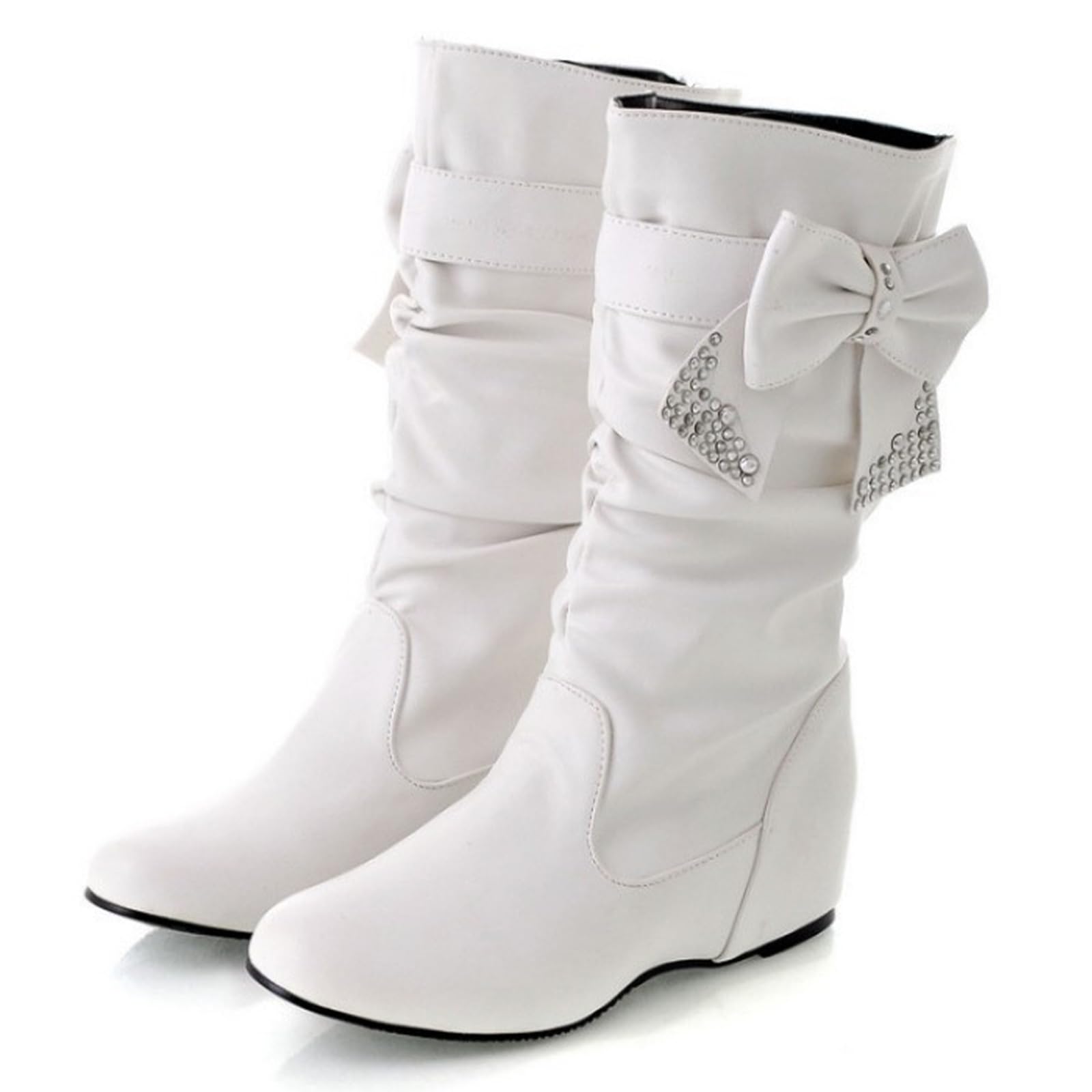 Womens Mid-Calf Wedge Heel Riding Boots with Removable Bowknot Anti-Slip Rubber Sole Warm Plush Lining Round Toe Slip