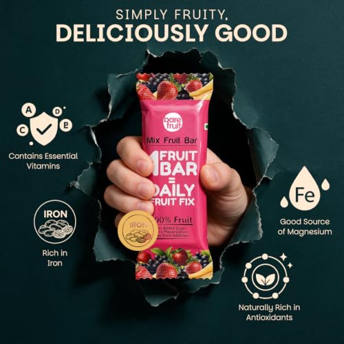 Image of BAREFRUIT 100% Mix Fruit Bar | Healthy Breakfast Diet Energy Snacking Bar For Kids & Adults | Plant Based Protein & Fibre - Rich In Vitamin A, C | No Added Sugar, Zero Preservatives | Pack of 18 (450g)