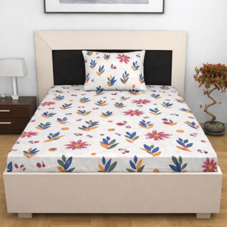 Image of Designer Floral Printed Flat Bedsheet for Double Bed 200tc to 220tc | Ultra Soft Cotton Fabric | King /Queen Size Top Sheet with 2 Matching Pillow Covers - 228 x 228 Cm, Light Pink