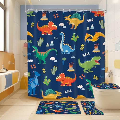 Mitpok 4 PCS Kids Dinosaur Shower Curtain Set Kid Boys Bathroom Set 72Wx72H Cartoon Dino Cute Funny Complete Bathroom Decor Non-Slip Bath Rug Toilet Lid Cover U Shape Mat Accessories with 12 Hooks