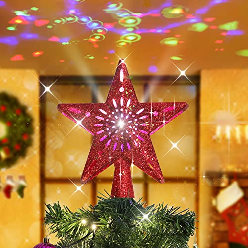 Luxspire Christmas Star Tree Topper Lighted with LED Rotating Warm Color Lights, 3D Glitter Star LED Projector Tree top for Festival Xmas Indoor Romantic Home Decor Gift for Friends Kids, Red