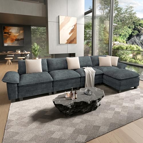 Image of HERA'S HOUSE 158 inch Oversized Modular Sectional L Shaped Sofa,Chenille Blue | 5-Seater Living Room Couches, Wider Armrest and Deep Seat, Comfy Cloud Couch with Ottoman, Wood Sturdy Frame