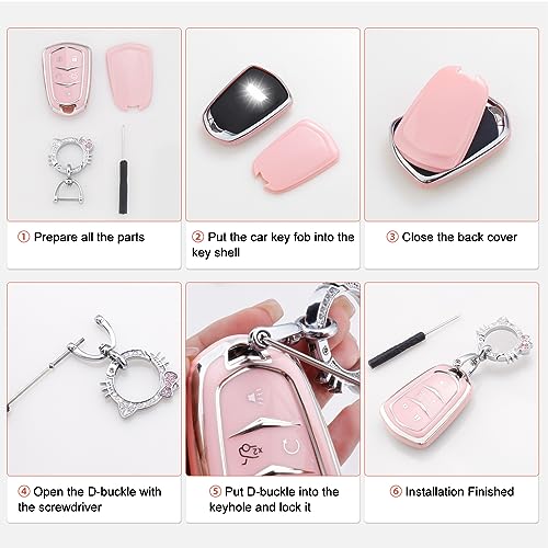Image of Pangpai Pink Key Fob Cover for Kia, Soft TPU Key Case Protection with Bling Keychain Fit for Kia Sedona Rio Optima Soul Sportage Sorento Carens Flip Key