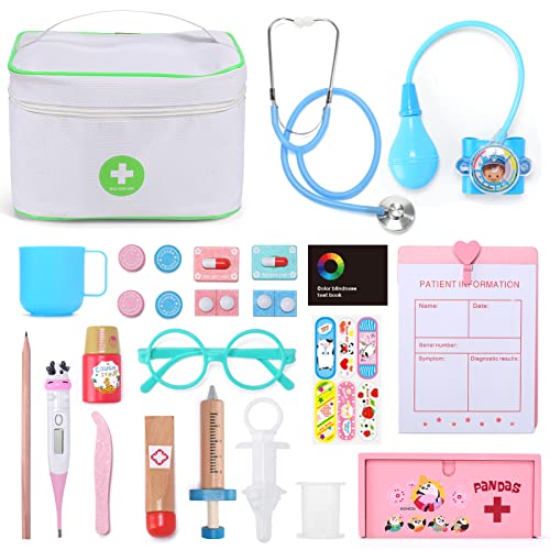 CUTE STONE Toy Doctor Kit for Kids, Wooden Toy Medical Kit with Electronic Stethoscope, Washable Kids Medical Storage Bag, Pretend Play Doctor Set for Ages 3+, Role Play Doctor Toys for Boys Girls