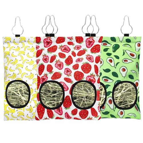 3 Pcs Rabbit Hay Feeder Bags - 2 Hole Hanging Rabbit Hay Feeder for Guinea Pigs, Chinchillas, Hamsters and Small Pets | Durable Anti-Waste Bunny Feeding Bag with Metal Hooks, Washable - image 8
