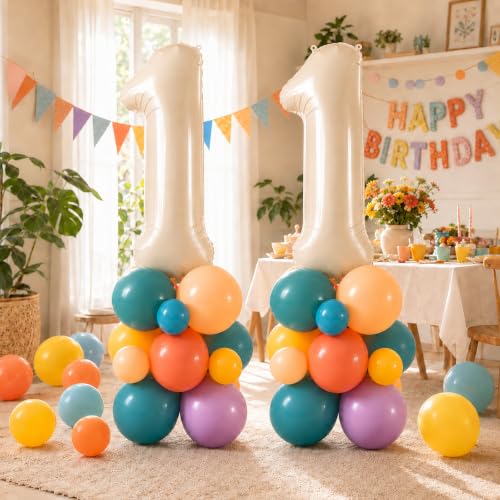 Image of 40 Inch Boho Rainbow Number 1 Balloon Tower for 1st Birthday Decorations